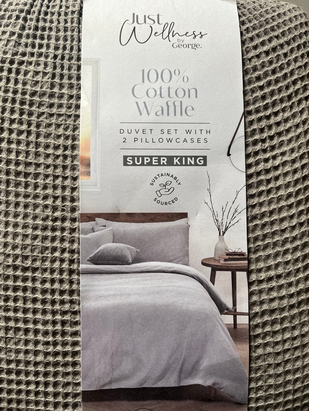 Just Wellness by george Super King Duvet with 2 PillowCases - 100% cotton waffle ( Grey/Beige Tone)