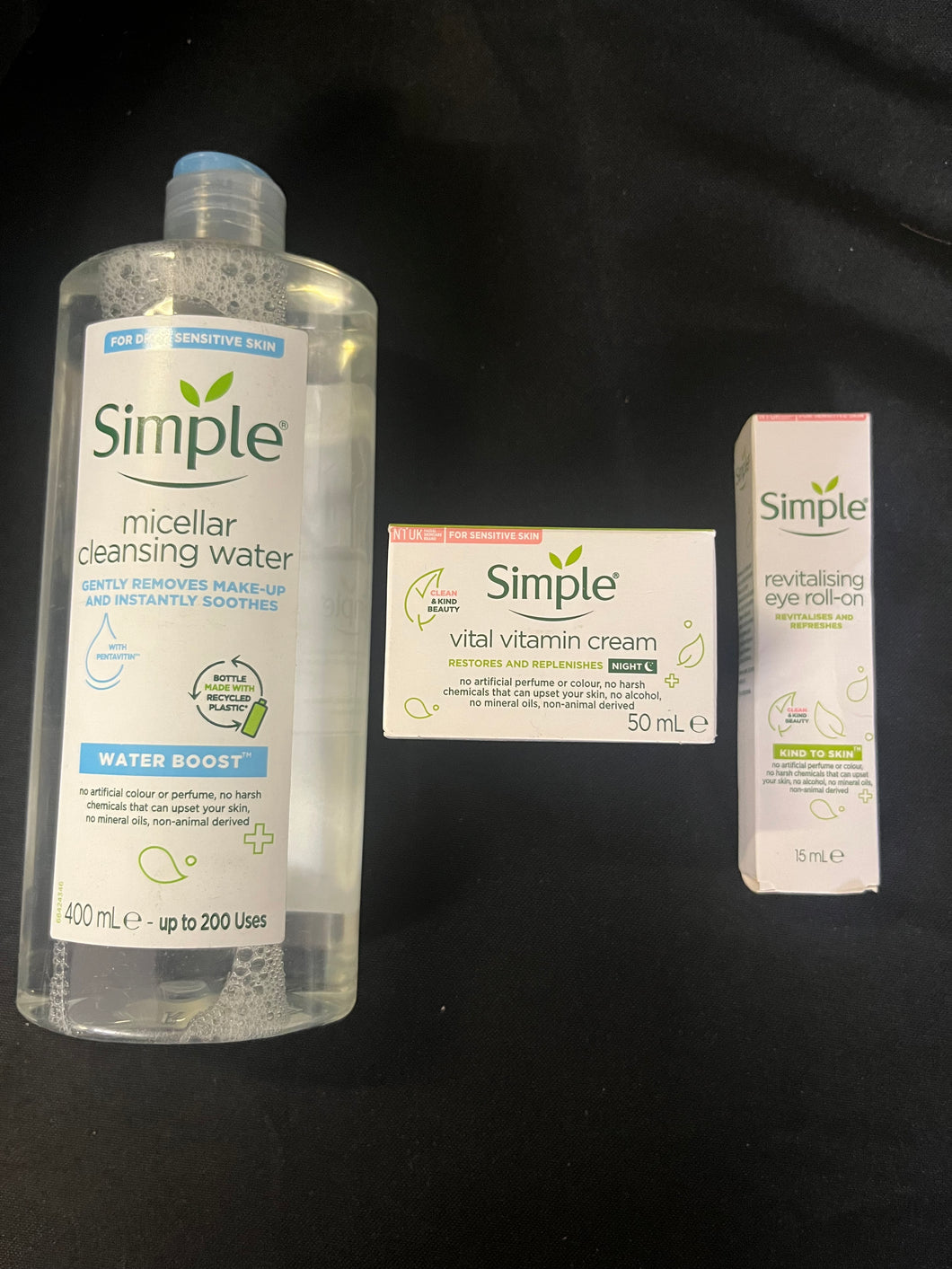 Simple Kind To Skin Care Bundle, Micellar water400ml /Eye roll on 15ml/ Night cream 50ml