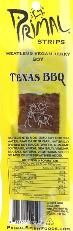 Primal Spirit, Vegan Meatless Jerky Strips - High Energy, High Protein, Non-GMO, 93% Fat-Free Snacks, Vegan Jerky - 28g, Pack of 24 - Texas BBQ exp 05/10/23