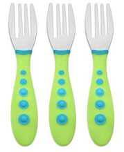 Load image into Gallery viewer, First Essentials by NUK Kiddy Cutlery 9 Piece Fork Set Purple Green &amp; Blue
