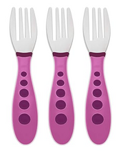 Load image into Gallery viewer, First Essentials by NUK Kiddy Cutlery 9 Piece Fork Set Purple Green &amp; Blue
