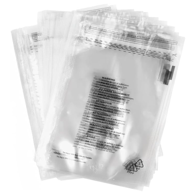 100 x Self Seal Clear Poly Bags with Suffocation Warning in 6 Languages, FBA Polybag 305mm x 405mm (12