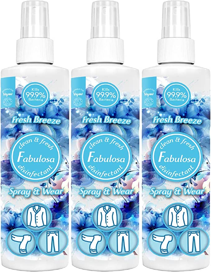 Fabulosa, Antibacterial Spray and Wear Dry Washing Fabric Clothes Freshener Spray Pack, Blue, 250ml, Fresh Breeze (Pack of 3) EXP 28/06/24