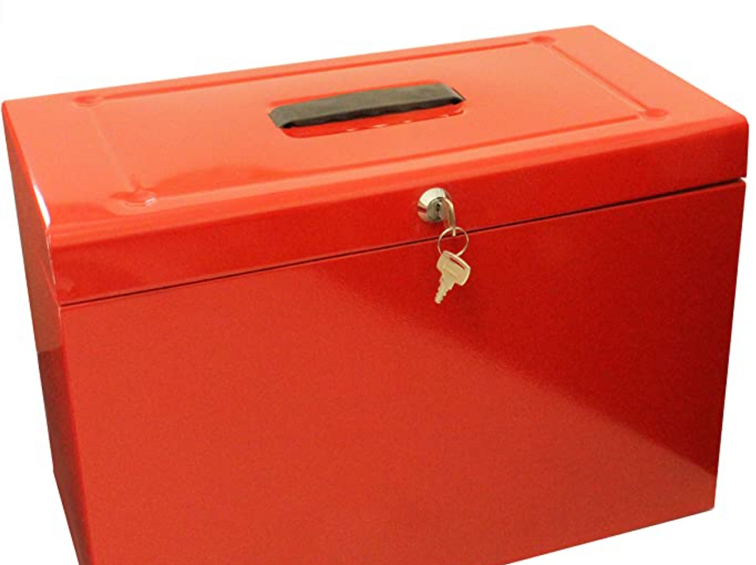 Foolscap Metal File Storage Box - Includes 5 Suspension Files, Plastic Tabs & Inserts GDPR Compliant (Red) RUSTY - SEE IMAGES ( HENCE CHEAP)