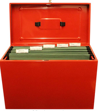 Load image into Gallery viewer, Foolscap Metal File Storage Box - Includes 5 Suspension Files, Plastic Tabs &amp; Inserts GDPR Compliant (Red) RUSTY - SEE IMAGES ( HENCE CHEAP)
